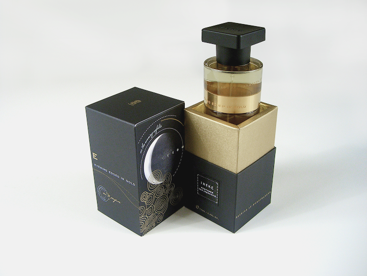 E fragrance bottle displayed in its packaging