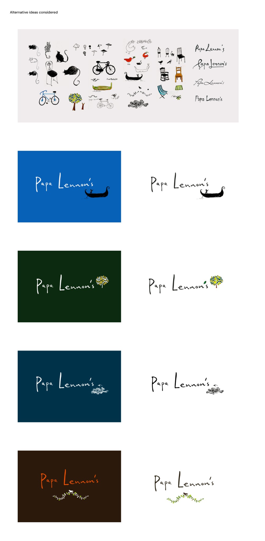 Alternative logo and illustration concepts considered for Papa Lennon’s