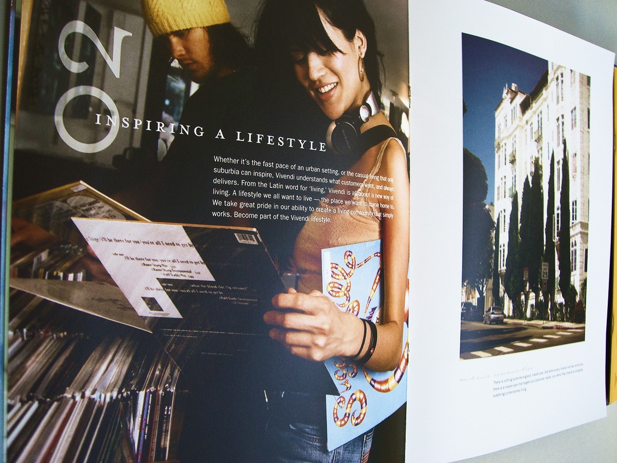 Vivendi Development brochure spread presenting a modern urban lifestyle